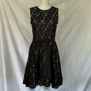 Black Lace Fit-and-Flare Dress with Ribbon Waist
